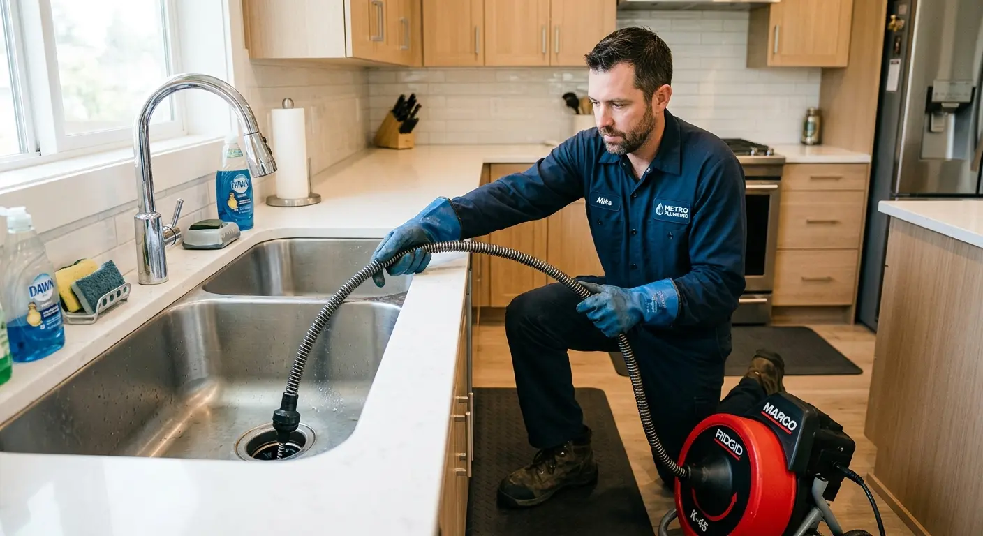 Drain cleaning technician using a motorized snake on a kitchen sink in Stone Ridge