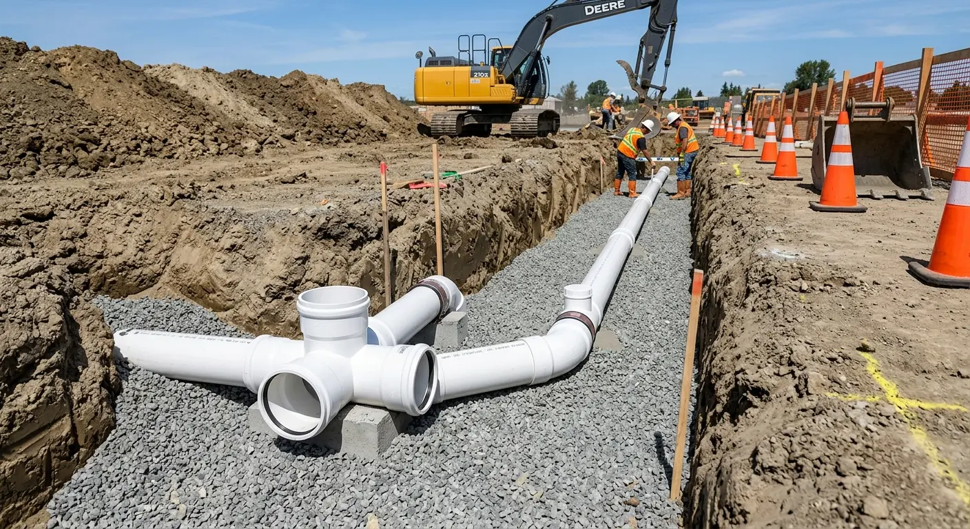 New PVC sewer pipe installation in open trench for Sewer Backup in Stone Ridge