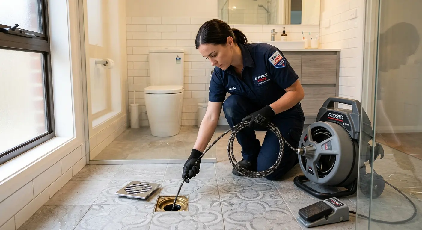 Technician clearing a bathroom floor drain for Drain Cleaning in Stone Ridge